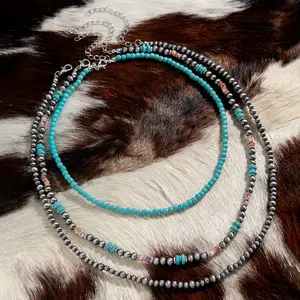 3pcs Vintage Western Style Brushed Beads Imitation Turquoise Navajo Beaded Necklace Stackable Jewelry Gift Daily Wear