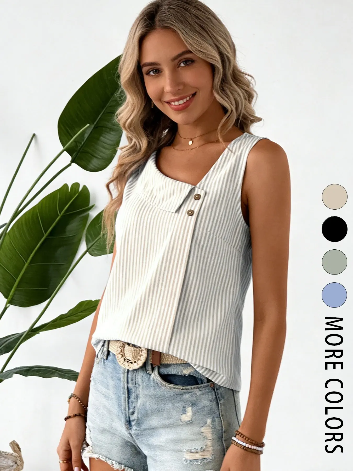 A Women's Multi-Colored Striped Casual Fashion Sleeveless Tank Top, Casual Everyday Top, Ideal for Summer, Daily Commuting, Home Use and Shopping Occasions, Casual Sleeveless Cami