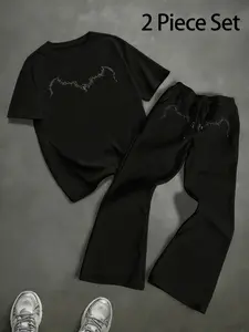 TikMen Summer Casual Street Style Short Sleeve Long Pants Set, Geometric Print Loose Fit T-Shirt & Straight Leg Pants, Home & Outdoors, Outfit