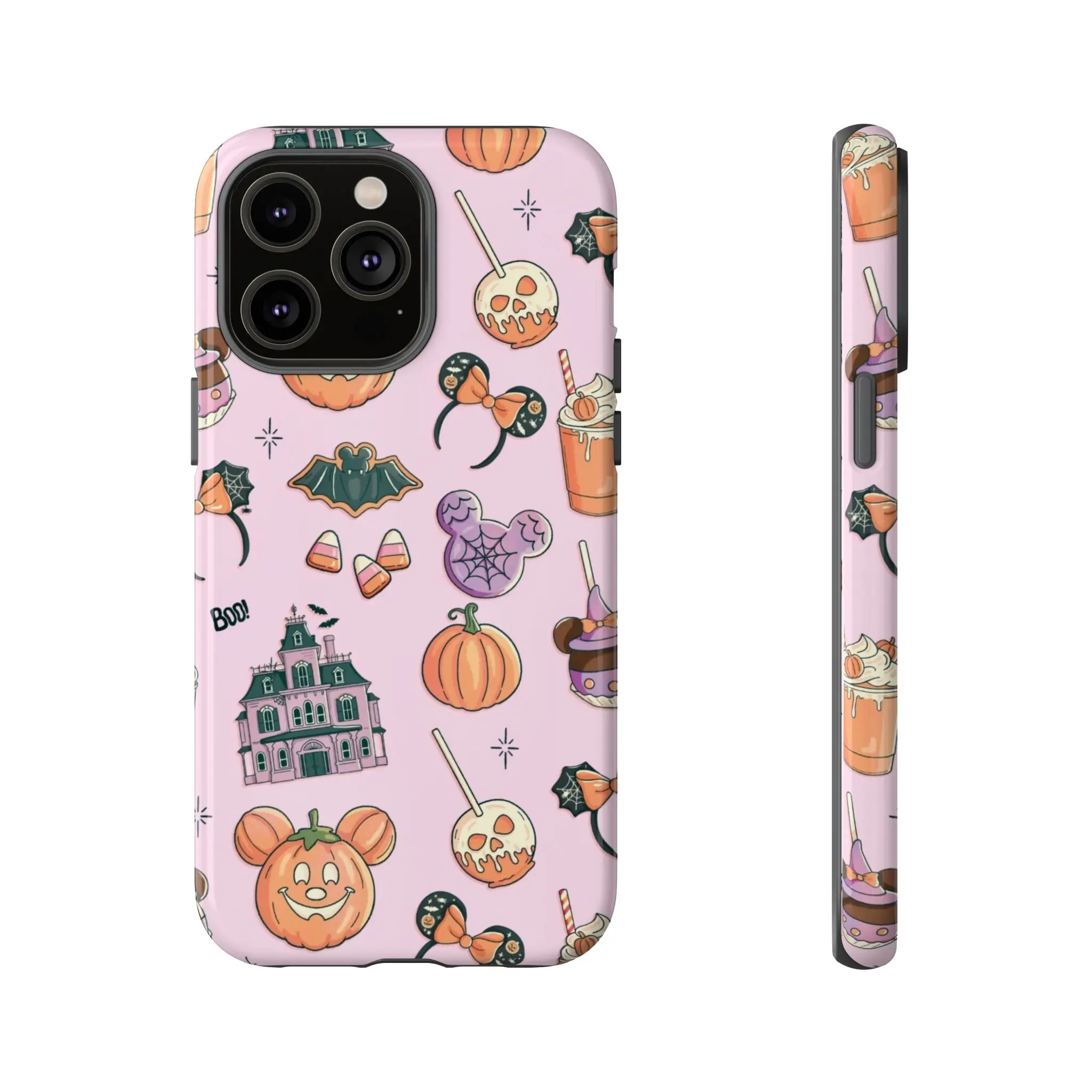 Cute Pink Halloween Phone Case for iPhone | Pumpkin Ghost Bat Candy Mickey Inspired Protective Shockproof Cover Gift for Her