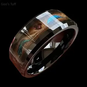Fine Jewelry Ring | Trendy Mens Tungsten Wedding Band, Exquisite Meteorite Pattern Band Inlaid with Blue Opal & Garnet, Handcrafted Durable Accessory, Ideal Wedding Anniversary Present for Husband Boyfriend Groom