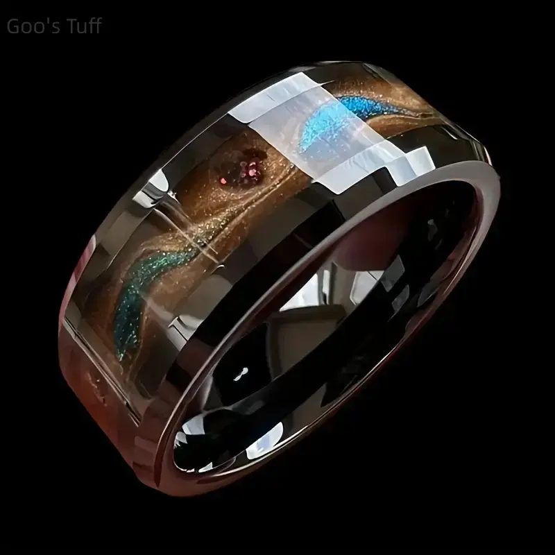 Mens Tungsten Stone Ring - Fine Jewelry Inlay Band with Meteorite Pattern, Blue Opal & Garnet, Handcrafted Durable Unique Gift for Husband, Ideal for Weddings & Anniversaries, Stone Rings, Rings