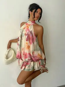 Elegant Women's Strapless Boho Floral Ruffle Mini Dress, Summer Floral Pattern Dress, Casual Party Wear, Perfect for Warm Weather, Stylish and Comfortable