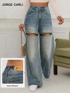 JORGE CARLI  Women's New Arrival Ripped Design Elastic Waist Low Rise Loose Straight Denim Jeans, Casual Fashion Versatile, All Seasons