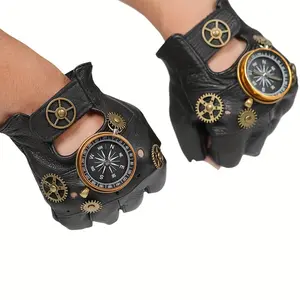1pair Steampunk-Inspired Fingerless Gloves - Faux Leather With Metal Compass And Gears, Punk Rock Style, Rivet Accents - Halloween Cosplay Accessory - For Men & Women - Perfect Gift for Cosplayers & Halloween Enthusiasts Masks