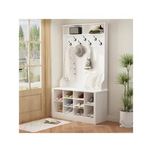 FUFU&GAGA Modern Hall Tree with Storage Bench, 4-in-1 Entryway Bench with Coat Rack, Tall Hall Tree with 7 Metal Hooks, Shelves & 10 Cubes for Hallway, Living Room Entrance Organiser