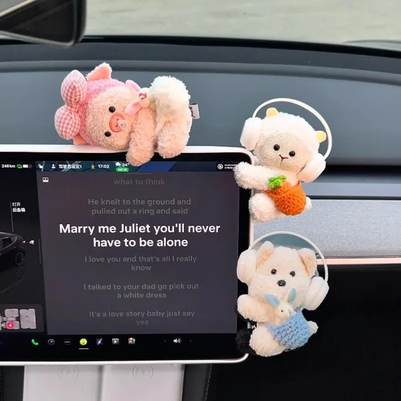 Cute Animal Plush Clip Doll - Funny Hugging Toy, High-End Car Accessory, Car Interior Decorative Ornament for Dashboard/Tablet Screen, Light Tan Leather Seat Cover, Multifunctional Creative Auto Accent