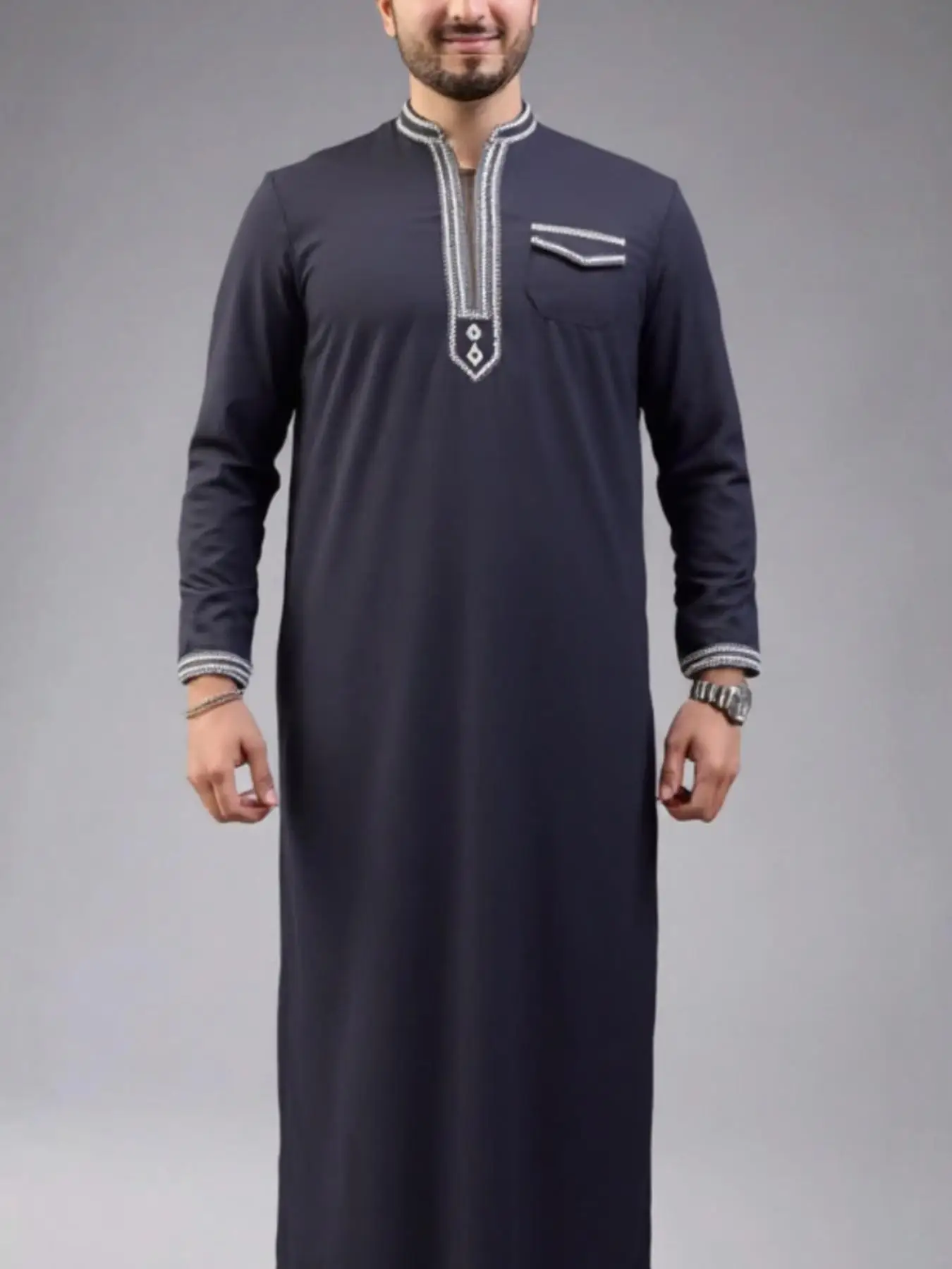 Men's Solid Color Border Print Robe, Modest Casual Long Sleeve Dress for Daily Wear, Men's Islamic Clothing for All Seasons