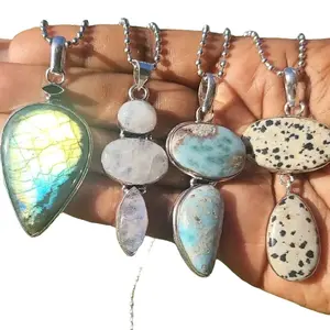 Rainbow Moonstone , Larimar , Amethyst , Labradorite 925 Silver Crystal Necklace