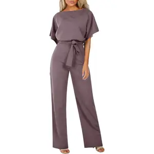Jumpsuits For Women Elegant Loose Short Sleeve Belted Wide Leg Pant Romper Crewneck Wedding Overalls Formal Outfits