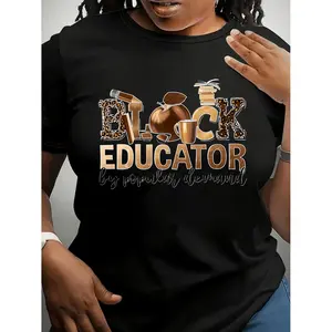 Women's Oversized Short Sleeve TShirt with Geometric Letter Print and Round Neck Design