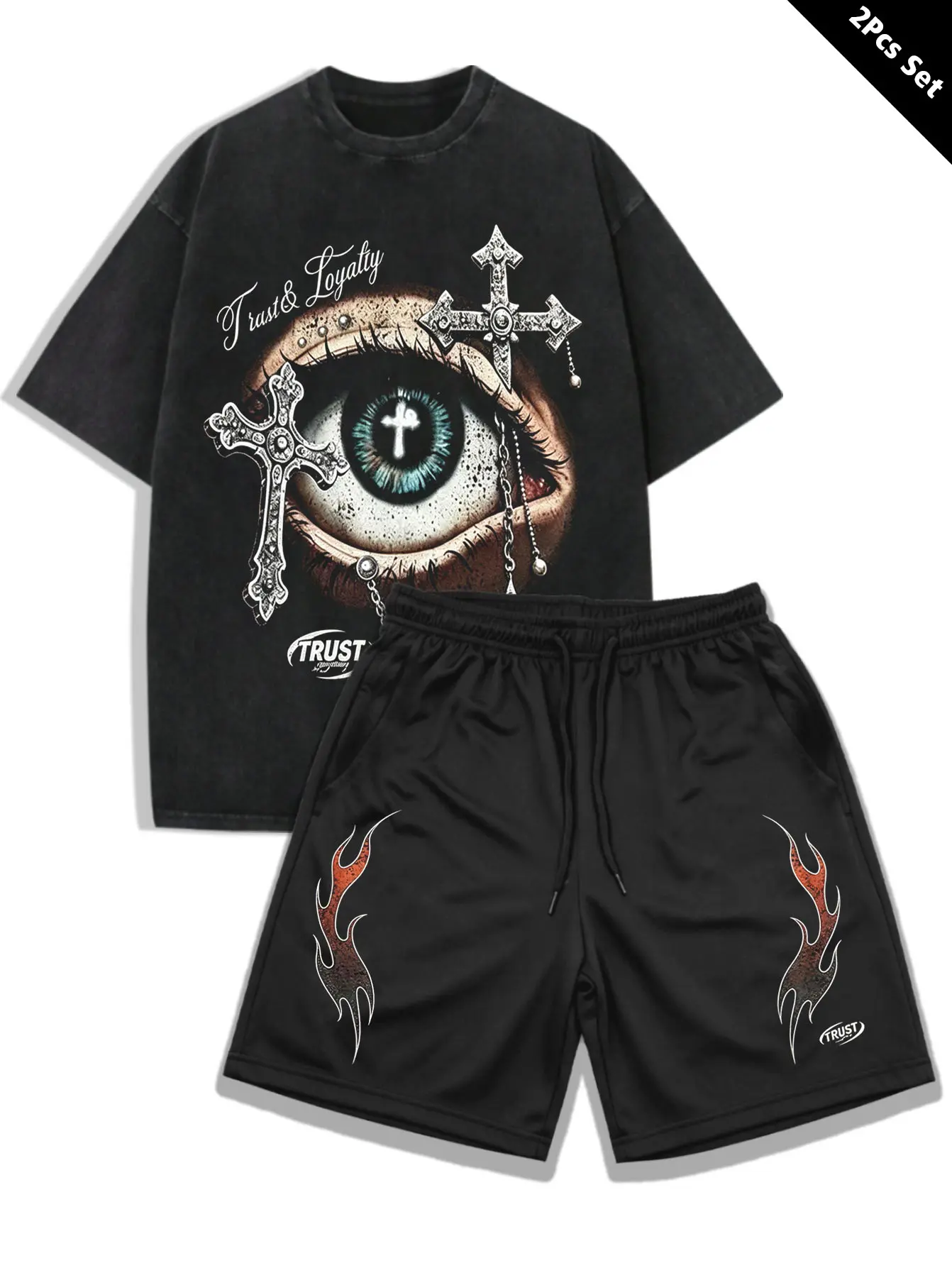 2Pcs Matching Outfit Set, Trust & Loyalty Eye Cross Graphic Short Sleeve T-Shirt and Flame Print Drawstring Shorts, Vintage Gothic Streetwear Casual Tracksuit Set For Men