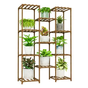 Bamworld Rustic Wooden Planter Stand with Wheels, Tall Large 11-Pot Stackable Multiple-Shelf Holder, Indoor-Outdoor Flower Display for Living Room, Patio, Stackable Pots