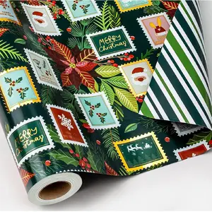 Reversible Christmas Wrapping Paper Roll - Green Metallic Foil Shine Stamp & Stripe Gift Wrap Design for Christmas, New Year Celebration, Holiday - Mini Roll - 17 Inch x 33 Feet