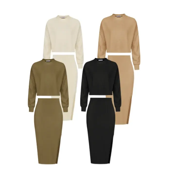 Grace Karin Women's Chic High Neck 2-Piece Knitted Set - Lightweight Long-Sleeve Pullover Top & Fitted Midi Bodycon Skirt, for Evening, Everyday Wear