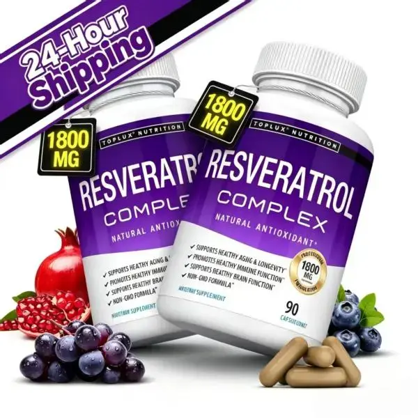 （Flash Sale 2 bottles）Toplux Nutrition Resveratrol Complex 1800mg, Max Strength Trans-Resveratrol Antioxidant Supplement with Pomegranate & Grape Seed Extract, Supports Healthy Aging, Immune Health & Longevity, Non-GMO