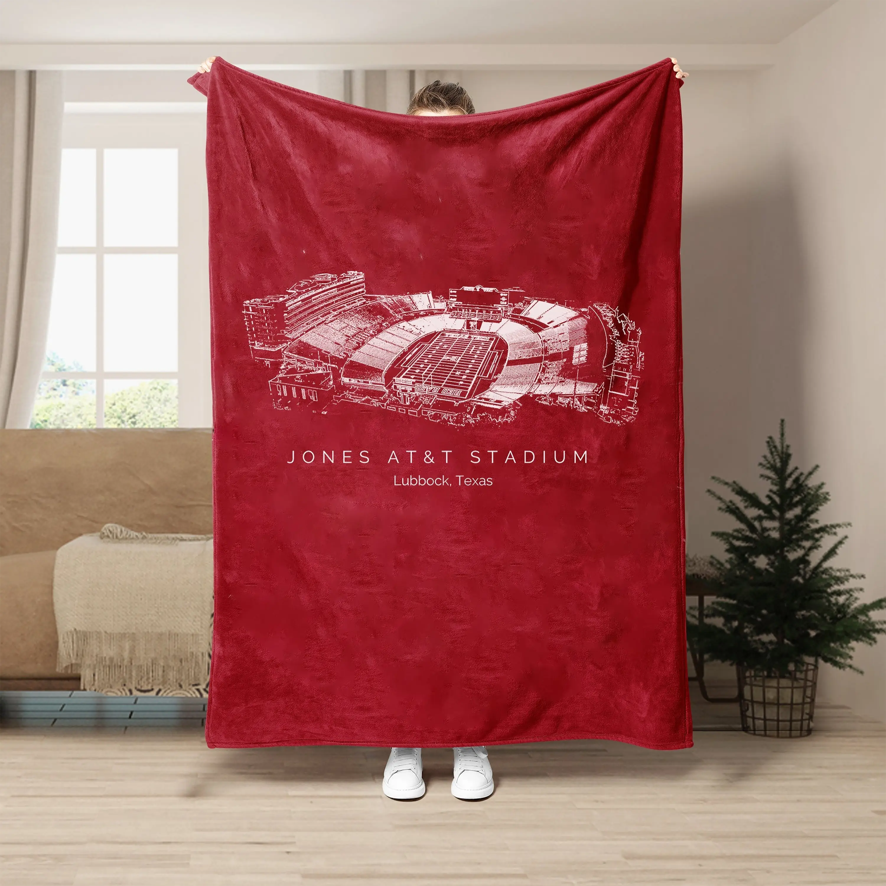 Jones AT&T Stadium Flannel Blanket - Lubbock College Football Throw - Red Raiders Fan Gift - Scarlet Red Game Day Decor