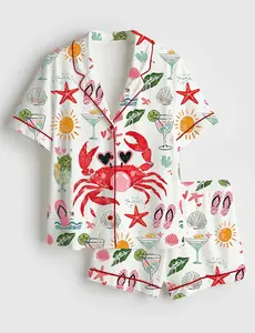 Women’s Crab Blowing Bubble Coastal Nautical Summer Beach Short Sleeve Silky Satin Pajama Set Soft Sleepwear Loungewear Gift