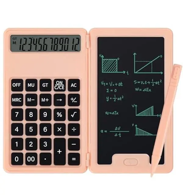 Desk Portable Basic Calculator with Notepad and Stylus, 12 Digit Large Display Multi-Function for Office, School, Home & Basic Financial (Pink)