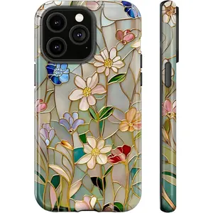 Compatible with 13 Case & iPhone 14 Case 2-in-1 Hybrid Rugged Shockproof Full Body Cover - Stained Glass Bloom Flower