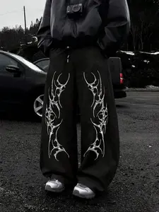 Men's Casual Sporty Long Pants, Lightning Thorn Pattern Print, Drawstring Wide Leg, All Season Loose Fit, Men's Fashion Joggers, Athleisure Style Bottoms