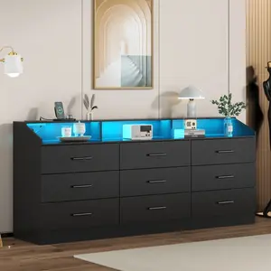 White/ Black  For Bedroom   9 Drawers, Modern Chest Of Drawers,    Open  Cubby, Wide  Organizer For Closet, Bedroom, Entryway, Living Room Dresser with Storage coffee table C-Shaped Metal Sliding Rail Double Tub Door
