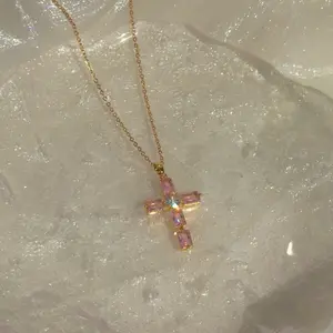 Pink cross 18k gold plated necklace non-tarnish