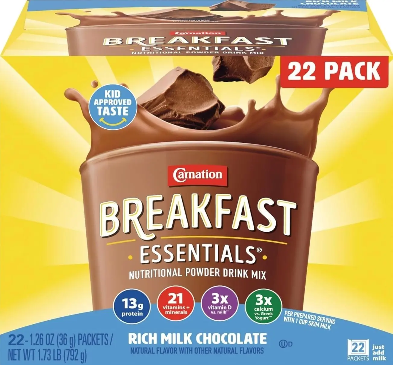 Carnation Breakfast Essentials Powder Drink Mix, Rich Milk Chocolate, 22 Count Box of 1.26 Ounce Packets