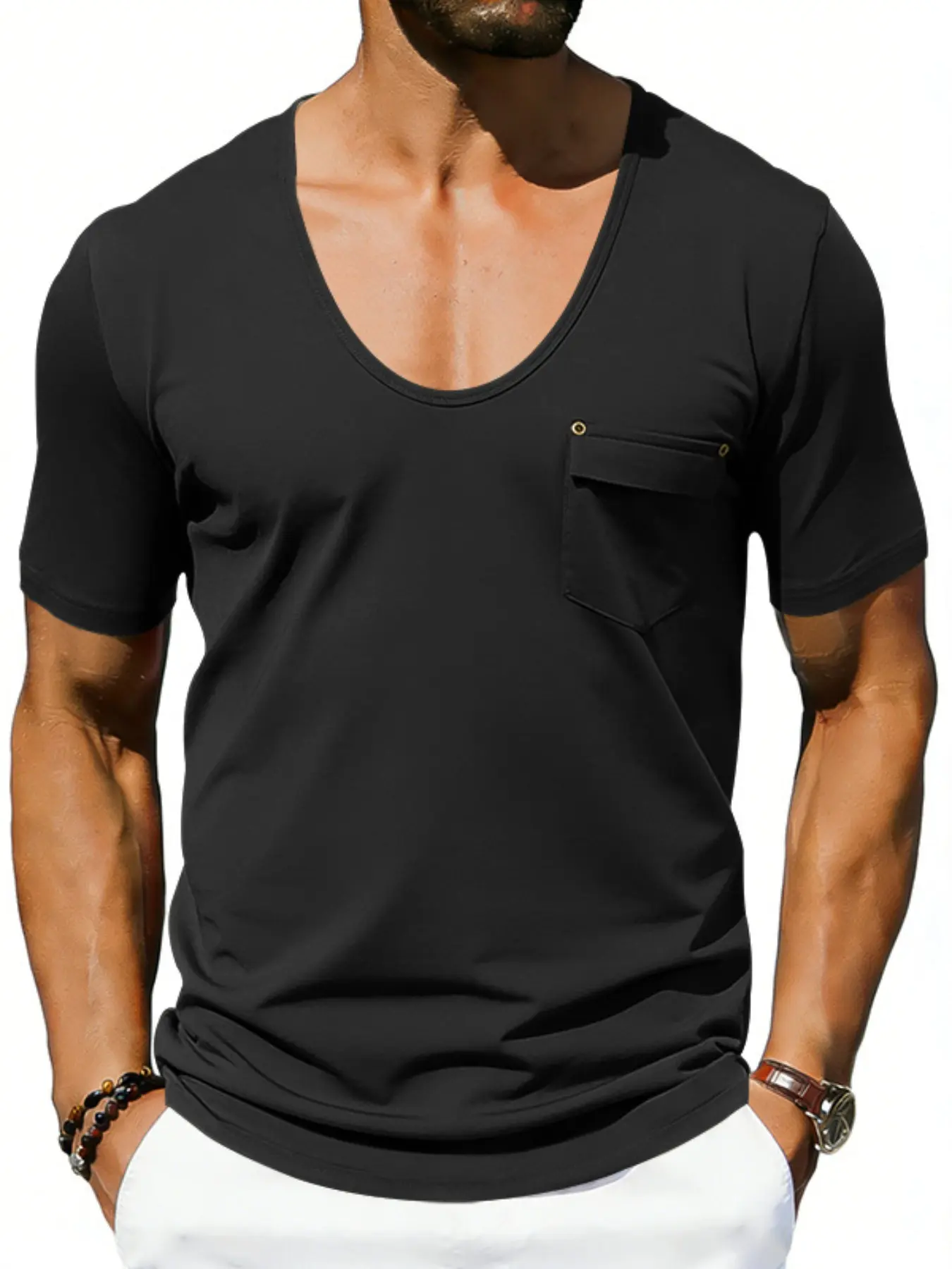 Men's Casual U-Neck T-Shirt, Deep V Neck Design, Button Detail Chest Pocket, Loose Fit Summer Fabric, Breathable Daily Wear