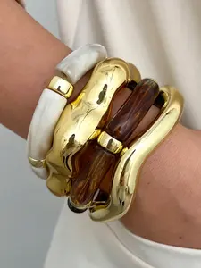 4-Piece Boho Style Women's Wave Shape Ccb and Resin Bangle Set, Elastic Bracelet, Stackable, Daily Wear, Gift Idea