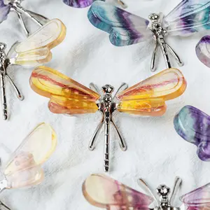 Natural Crystal Fluorite Dragonfly Carving with Rich Colors, Yellow, Purple, Green, Blue...