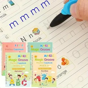 New 4 Calligraphy Practice Books + 1 Pen + 5 Refills + 1 Pen Holder, Magic Slot Reusable Handwriting Workbook, Suitable for Children Aged 3-8 Calligraphy Learning