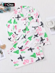 2 pieces of women's Halloween witch hat, princess crown, printed long sleeved knitted pants, fitted pajamas set, Fabric, top pocket suitable for all seasons, comfortable, casual home wear Loungewear Nightwear