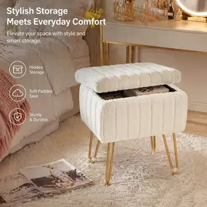 Upholstered Soft Storage Ottoman, Vanity Stools with Metal Legs, Modern Faux Mink Fur Footstool, Makeup Chair with Anti-Slip Feet, Accent Table,Footrest,Storage Bench for Bedroom