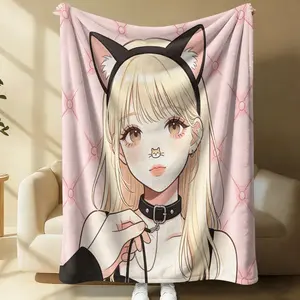 Pink Sweet Cool Blonde Cat Girl Throw Blanket, Anime Cat Ear Girl Throw Blanket, Flannel Warm Blanket, Kawaii Anime Printed Gift Blanket for Bedroom Sofa Decor, Perfect Birthday Gift for Anime Lovers Teens Girls
