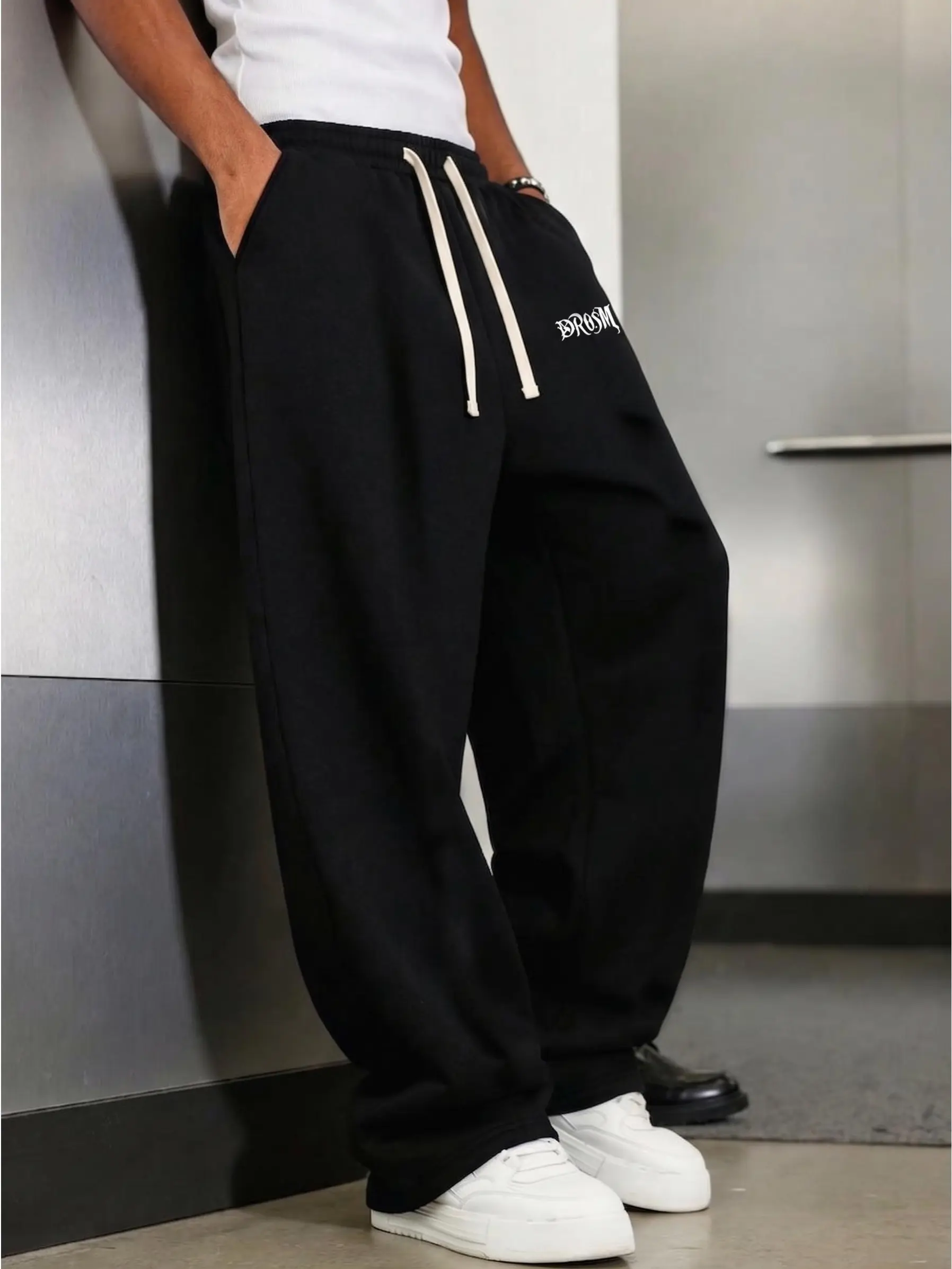 Men's Y2K Gothic Baggy Sweatpants,Relaxed Wide Leg Black Joggers,Hip Hop Rockstar Aesthetic Sweatpants,Contrast Drawstring Streetwear Trousers