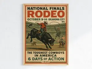 (No Frame) Vintage Rodeo Poster  National Finals Cowboy Wall Art  Rustic Western Print  1955 Oklahoma City Decor  Retro Bull Riding Illustration