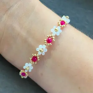 Hot Pink Beaded Flower Bracelet, Pink Seed Bead Flower Bracelet, Handmade Beaded Jewelry, Dainty Gold Jewelry