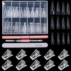 Dual Nail Forms Set Poly Gel Quick Building Nail Kit, 120Pcs Stiletto Gel Nail Molds with 10Pcs Acrylic Nail Tips Clips 1Pc Dual-Ended Poly Extension Gel Brush Nail File for Polygel Extension