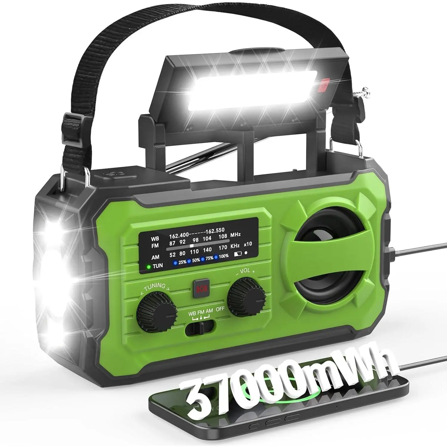 Emergency Weather Radio 37000mWh Solar Hank Crank Radio USB Charged with NOAA/AM/FM, Flashlight, Reading Light, SOS Alarm for Emergency Kit for Indoor Outdoor Power Outage Survival Essentials, Usb Port, Fm Reception, Fishing, Travel, Driving