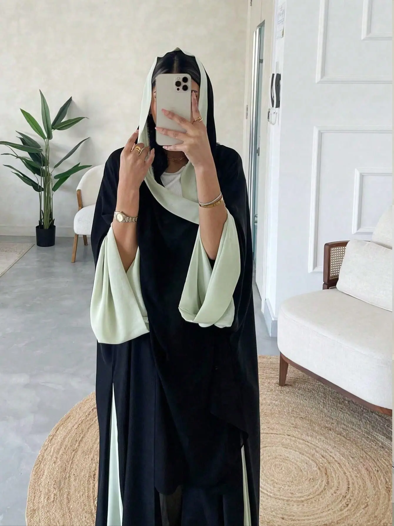 Women's Modest Z160 Abaya Khimar Set - 1-Piece Black & Light Mint Colorblock Loose Open Kimono Outerwear, Elegant Casual Islamic Clothing for Hijabis, Elegant Islamic Clothing, Islamic Clothing Set
