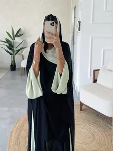 1-Piece Black & Light Mint Color-Block Open Abaya with Matching Headscarf, Casual Modest Muslim Kimono Outerwear