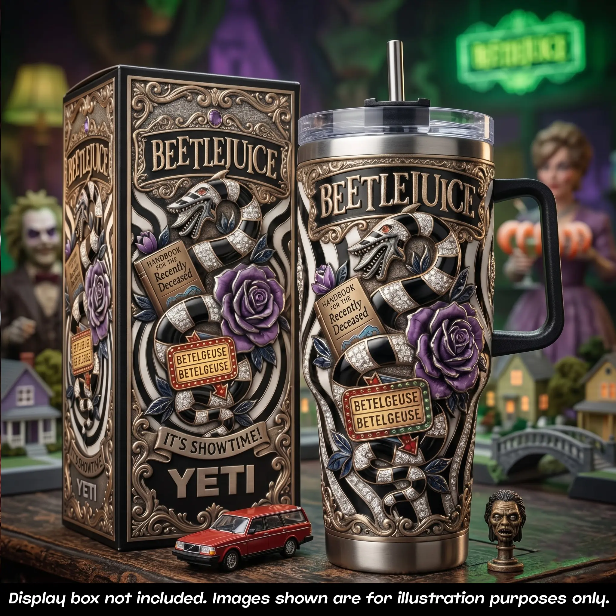 Beetlejuice 40 oz Tumbler with Handle Straw, Betelgeuse Sandworm Handbook For The Recently Deceased Travel Mug, It's Showtime Ghost With The Most Striped Stainless Steel Insulated Water Coffee Cup, Halloween Horror Movie Drinkware, Gifts for Fans