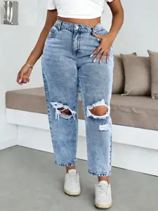 KCGH Plus Size Mid Waist Ripped Jeans Women Summer New Arrival Distressed Denim Pants Slimming Loose Fit Trendy Casual Versatile Long Trousers