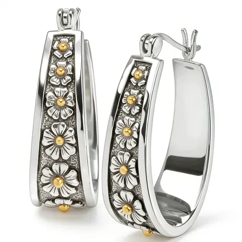 Vintage Hand-Carved Floral Pattern Silver Color Hoop Shape Earrings, Good Earrings, Women's Fashion Classic Party Holiday Jewelry Accessories, Stylish Jewelry, Versatile Accessory, Ear Hoops