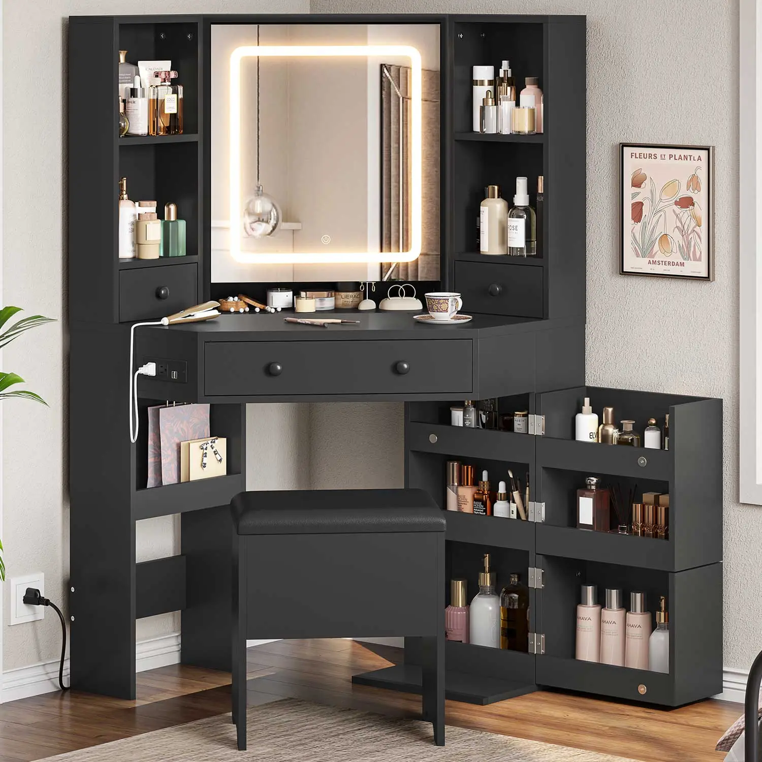 Sikaic Modern Corner Makeup Vanity Desk Set - 21.5"d x 42.5"w x 54.6"h Black Indoor Furniture, Built-in LED Backlight Mirror, Storage Drawers, Upholstered Single Stool for Bedroom Daily Glam Use, Modern Makeup Vanity