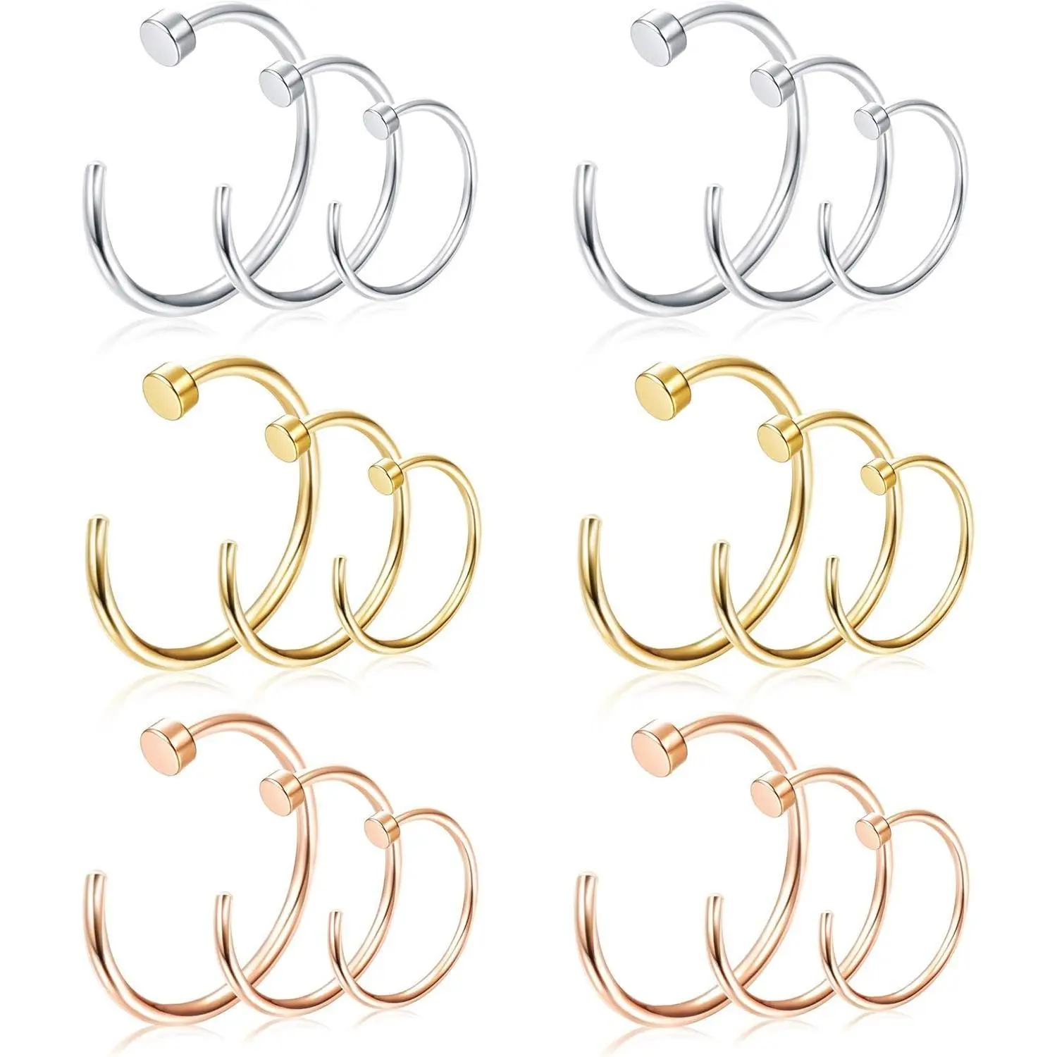 CASSIECA Unisex 22G Surgical Steel Hoop Piercing Jewelry Set, C-Shape Flat Disc Thin Nose Rings for Cartilage, Tragus Piercings, 18-27 Count Daily Ear Body Jewelry