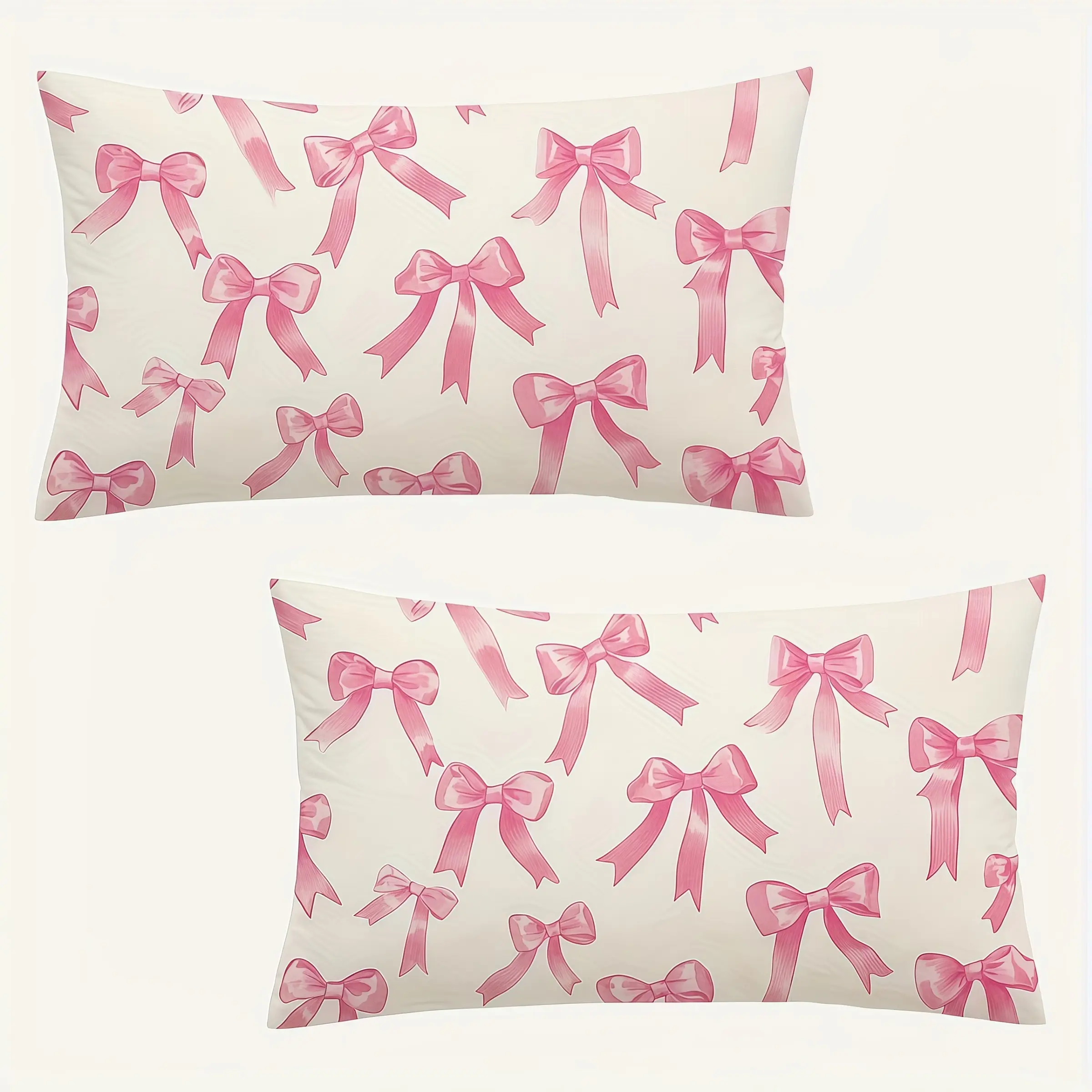 2pcs-Pink Lumbar Pillow Covers, Modern Pink Bowknot And Ribbon Pattern, Home Spring Décor Products, Suitable Living Room, Bedroom, Sofa and Bed Decoration, 2D Flat, Single Sided Printing, No Pillow Core