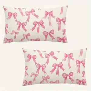 2pcs-Pink Lumbar Pillow Covers, Modern Pink Bowknot And Ribbon Pattern, Home Spring Décor Products, Suitable Living Room, Bedroom, Sofa and Bed Decoration, 2D Flat, Single Sided Printing, No Pillow Core
