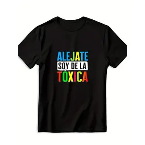 Men's Print Menswear Round Neck Short Sleeve Streetwear T-Shirt - Unisex Funny "ALEJATE SOY DE LA TOXICA" Spanish Slogan Tee, 180gsm Heavyweight Crewneck, Black with Blue/Red/Orange Lettering, Regular Fit Casual Basic